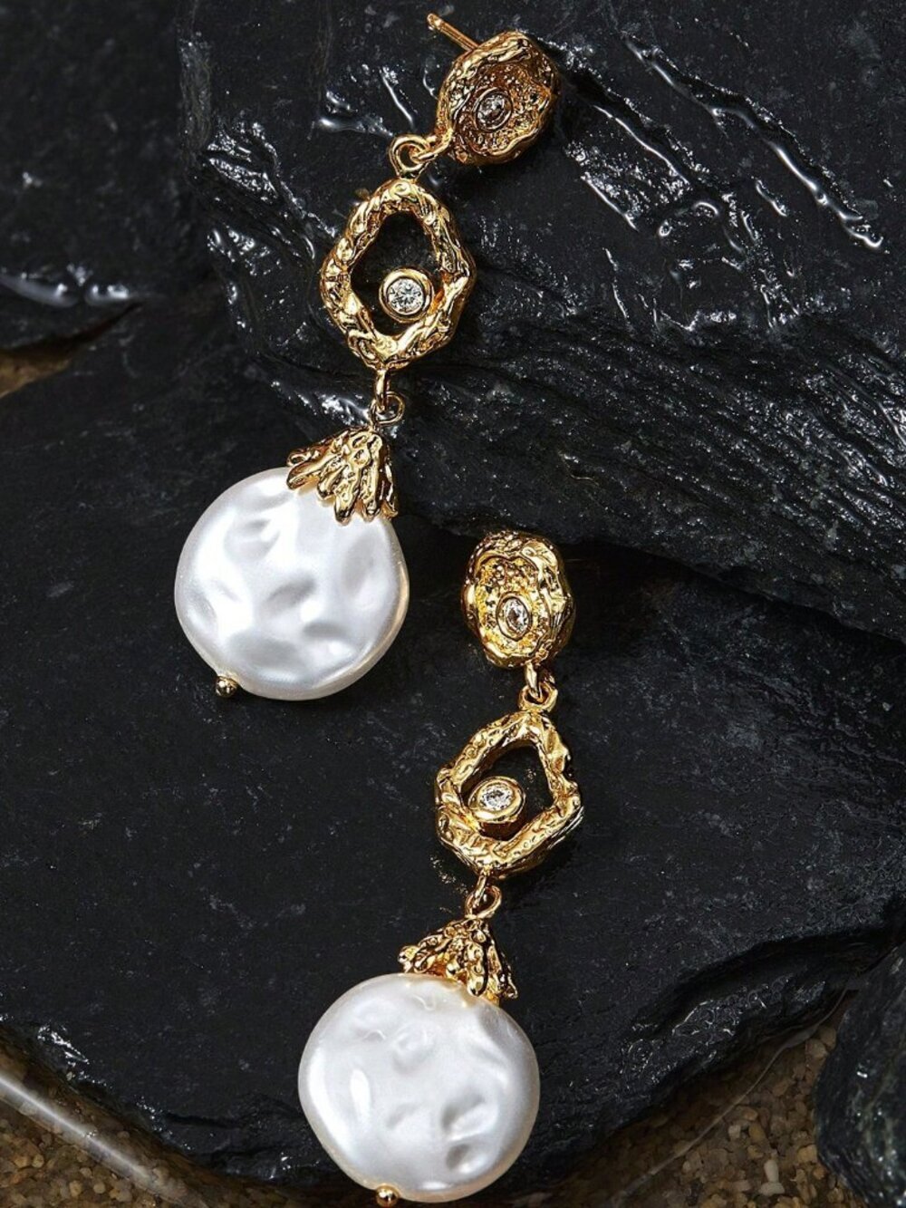 Gold Women's Gold Plated Hammered Texture faux pearl Earrings